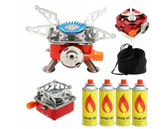 Mini dujinė viryklė su 4 vnt. dujų balionėliai sulankstoma, turistinė